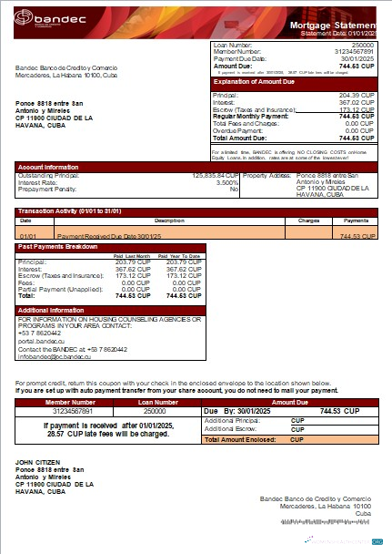 Download Cuba BANDEC bank mortgage statement scr Photoshop template